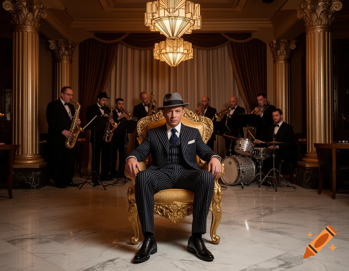 Man in a pinstripe suit and fedora sits in an ornate gold chair in an opulent room with a jazz band in the background.