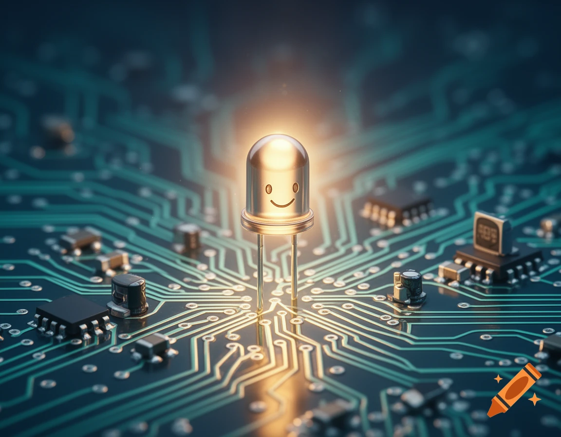 A glowing LED with a smiley face on a green circuit board, surrounded by various electronic components.