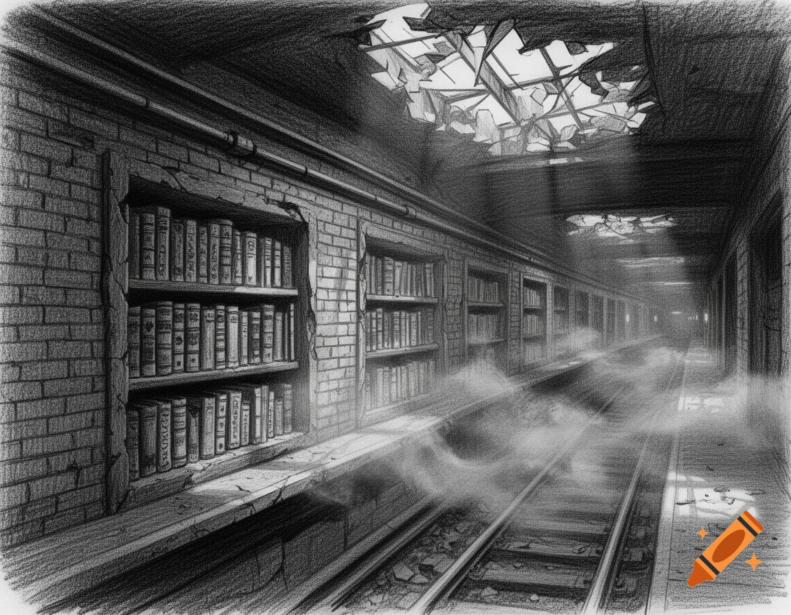 Pencil sketch of an abandoned subway station with a secret library, featuring misty tracks and shelves of books.