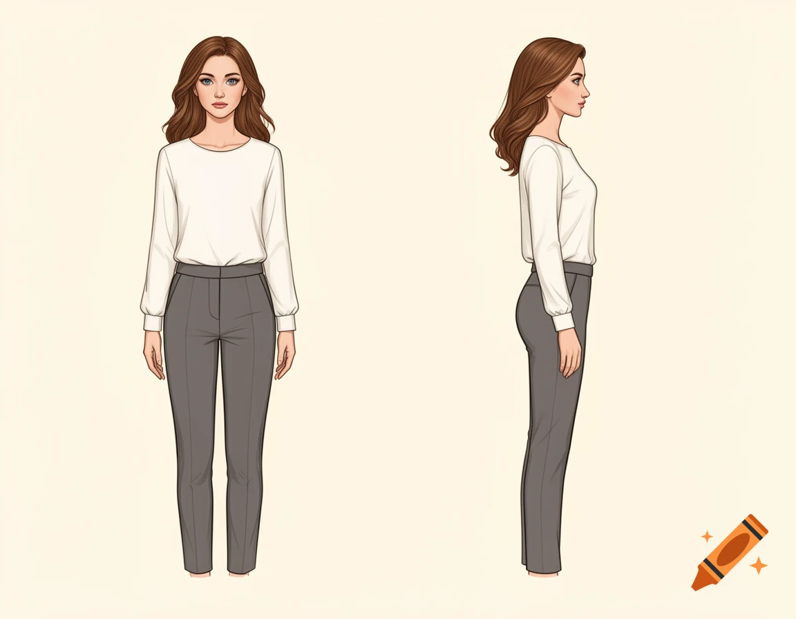 A 2D illustration of a woman with brown hair, wearing a white long-sleeved shirt and gray trousers, shown in front and side views.