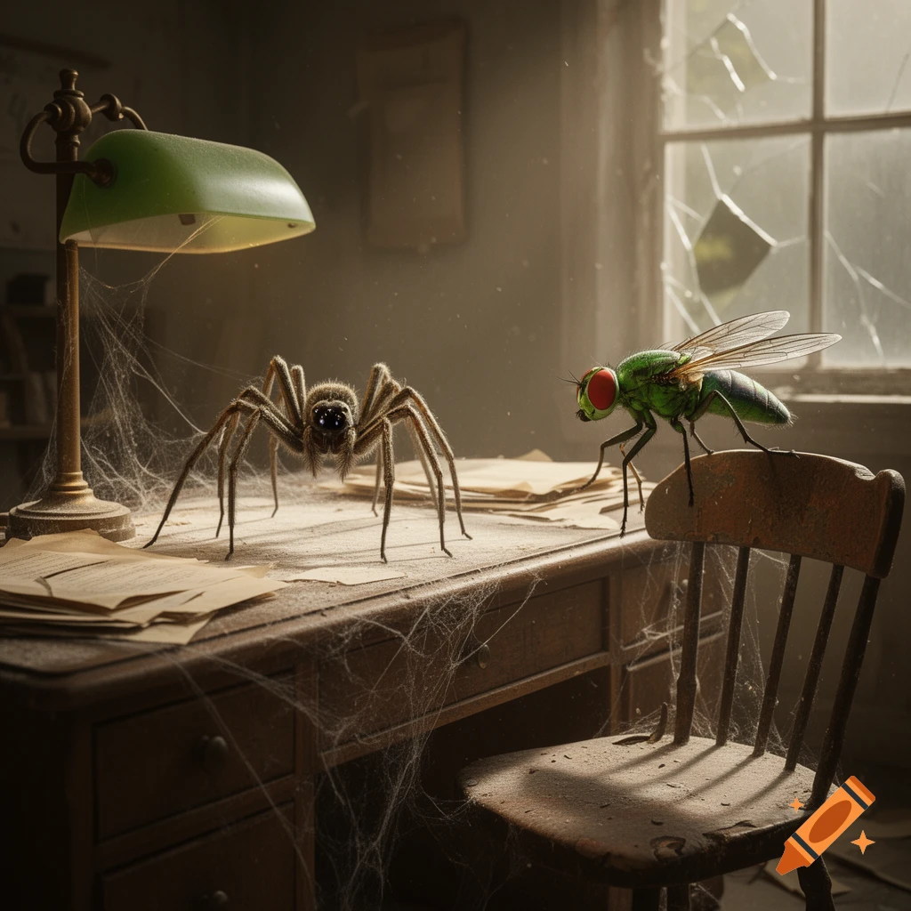 A huge, hairy spider and a green fly with red eyes on a dusty office desk covered in cobwebs, with sunlight streaming through a broken window.