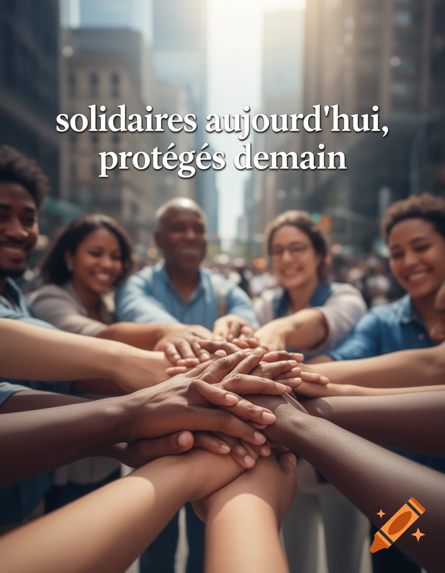 Diverse hands stacked in unity with smiling people in a city background, and text 'solidaires aujourd'hui, protégés demain'. Photorealistic.