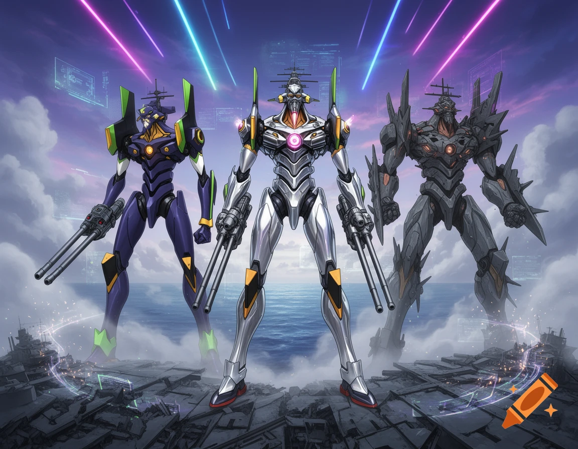 Three Evangelion-like mechs, purple, silver, and dark grey, stand on a destroyed landscape against an ocean backdrop and neon-streaked sky.