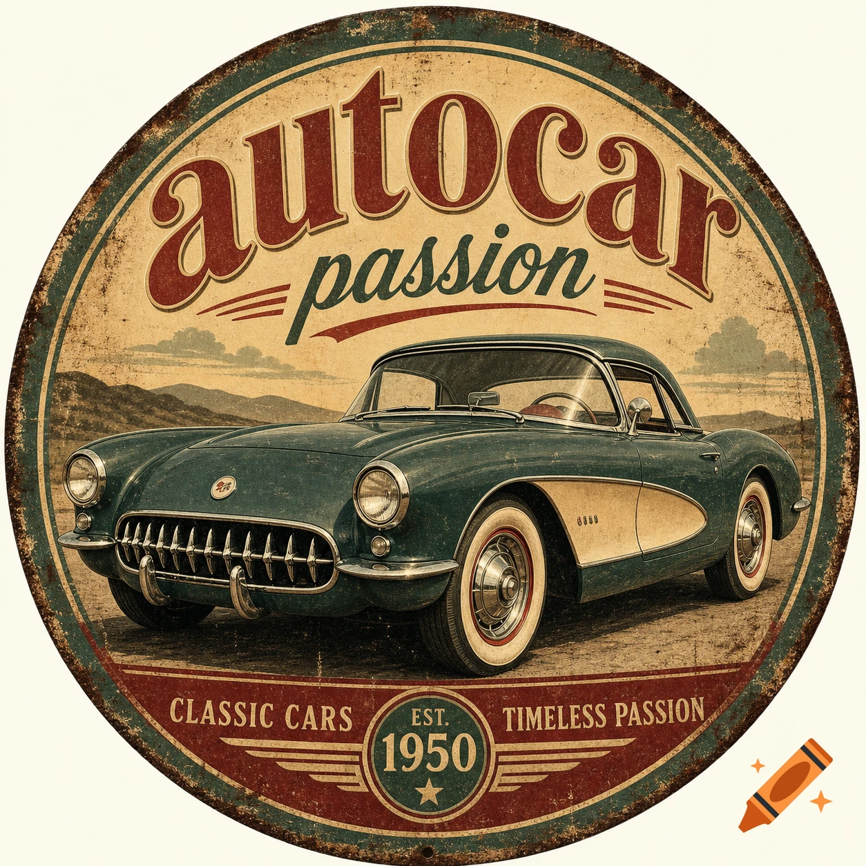 Vintage circular logo for 'autocar passion' with a classic dark green and cream car and distressed textures.