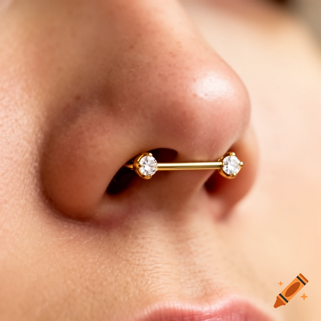 Close-up of a nose featuring a gold septum piercing with two clear stones, centered between the nostrils.