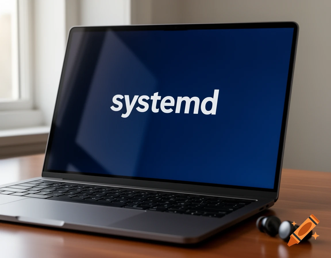 A laptop with 'systemd' on its screen sits on a wooden desk with earbuds. Photorealistic.