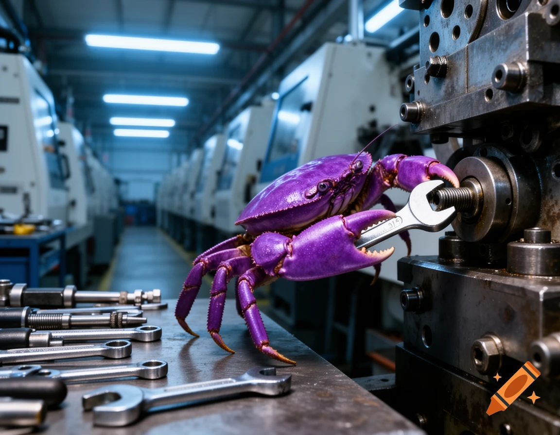 A vibrant purple crab holds a silver wrench, tightening a bolt on machinery in a factory, surrounded by various tools.