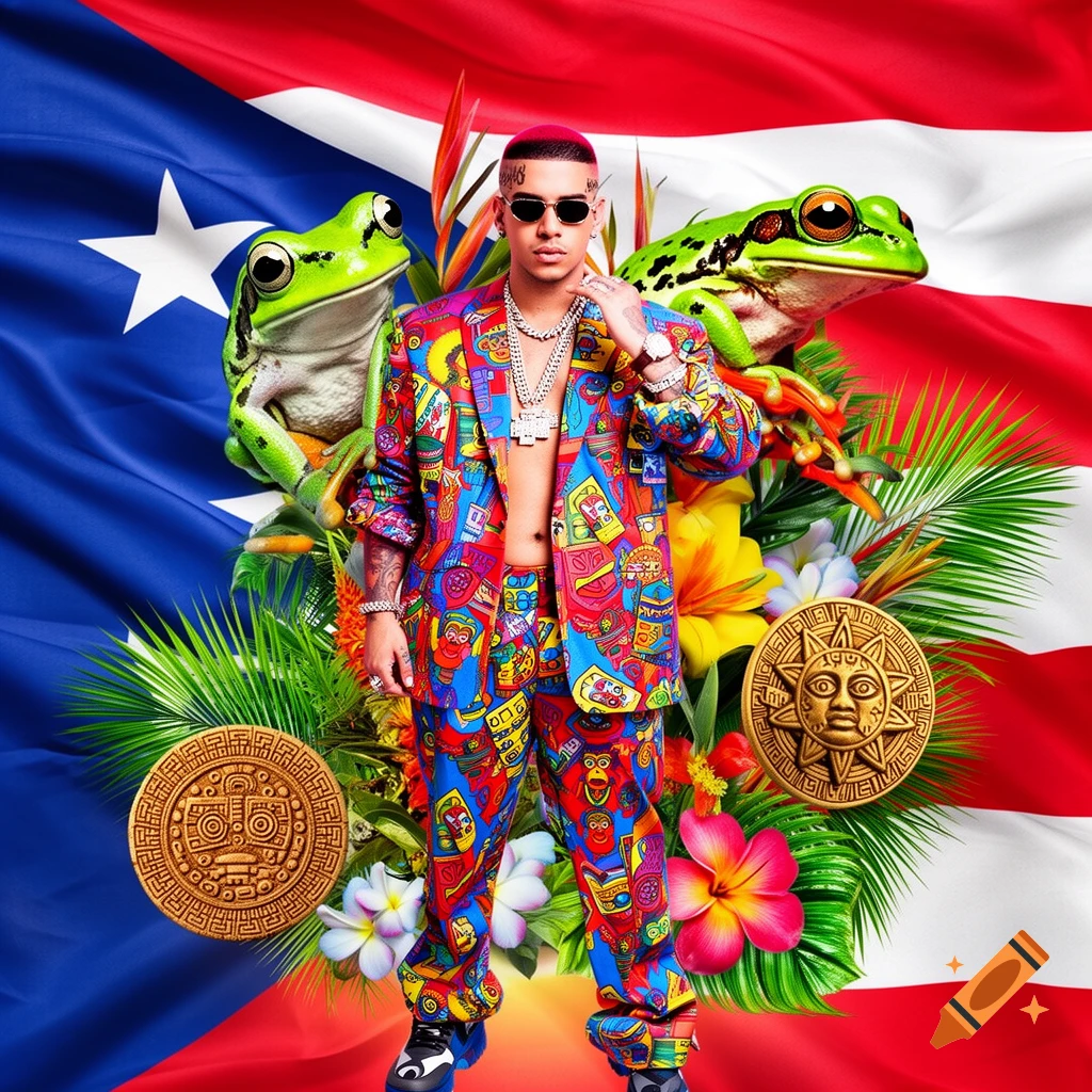 A man in a vibrant, patterned suit with chains and sunglasses stands against a Puerto Rican flag, flanked by two coqui frogs and Taino sun symbols amidst tropical foliage. Stylized text is on his forehead.