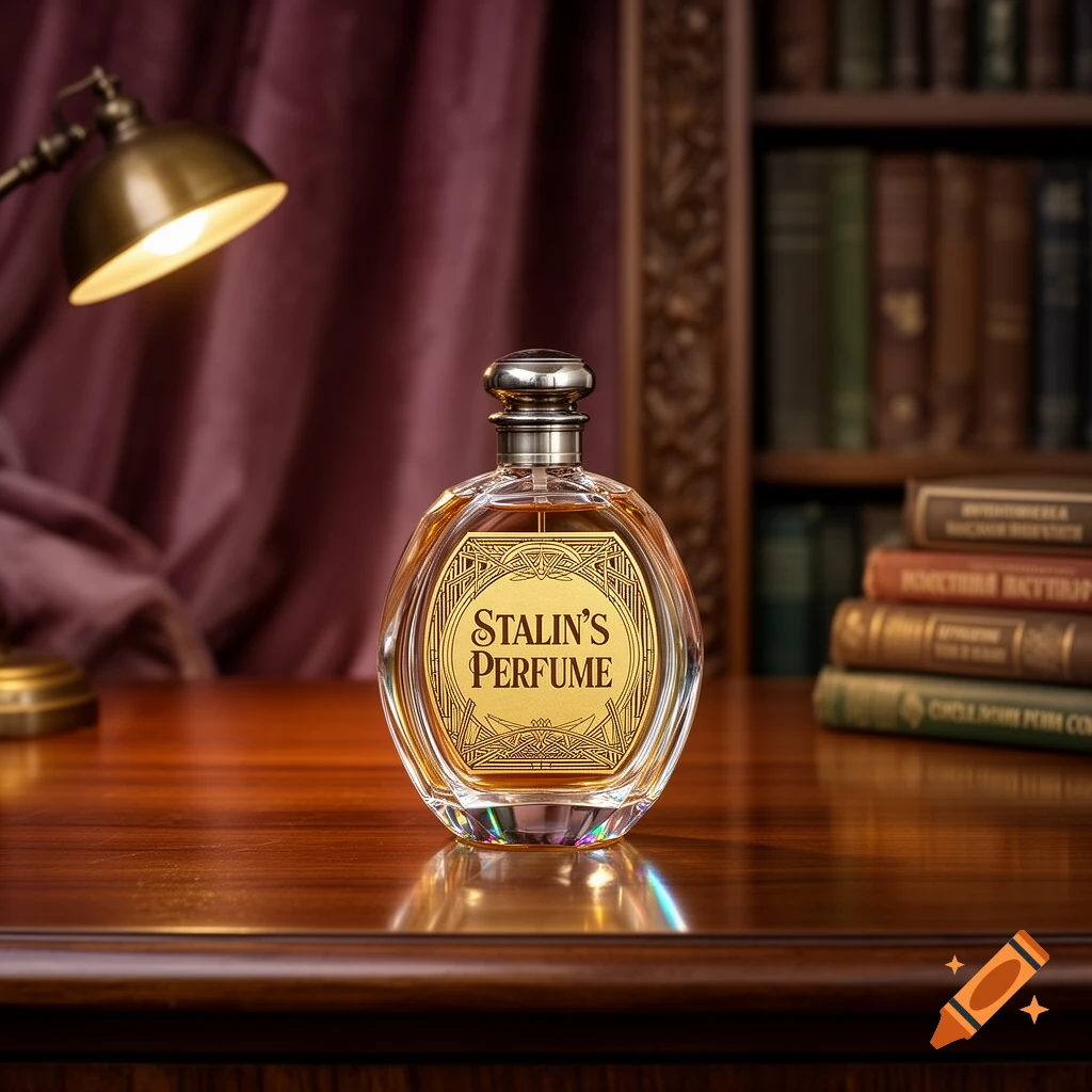 Photorealistic image of a vintage perfume bottle labeled 'Stalin's Perfume' on a wooden desk with a lamp and books.