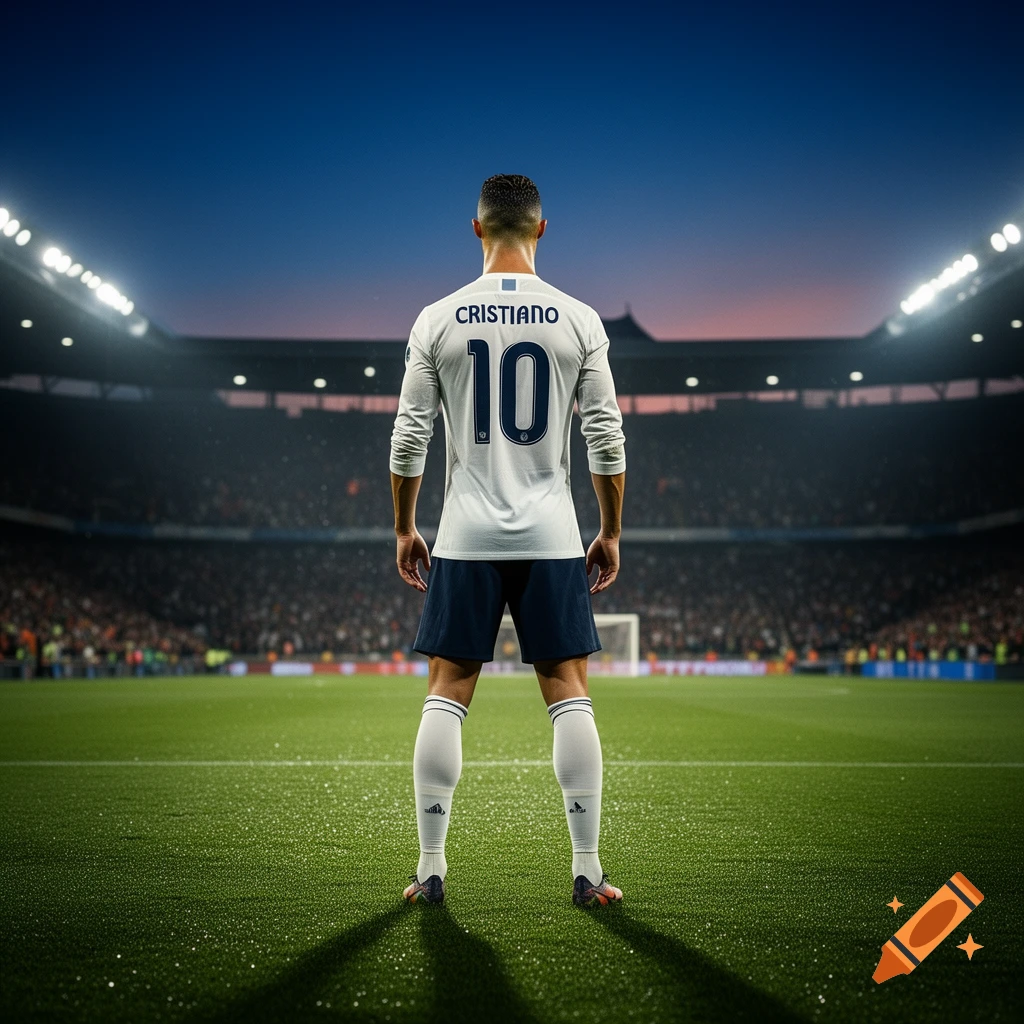 Photorealistic image of a football player, wearing a white jersey with 'CRISTIANO 10' on the back, standing on a stadium field at dusk.