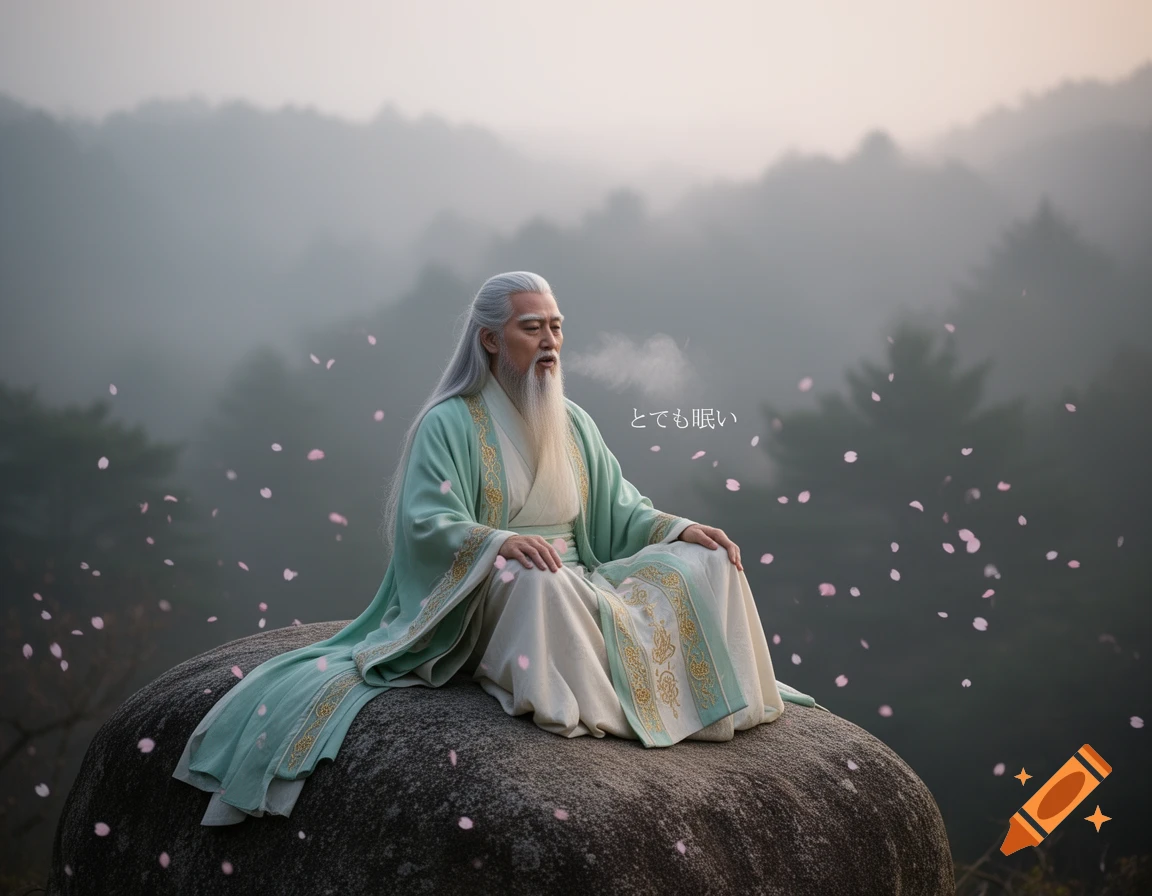 An old sage with a white beard sits on a rock in a misty mountain, surrounded by falling pink petals and Japanese text.