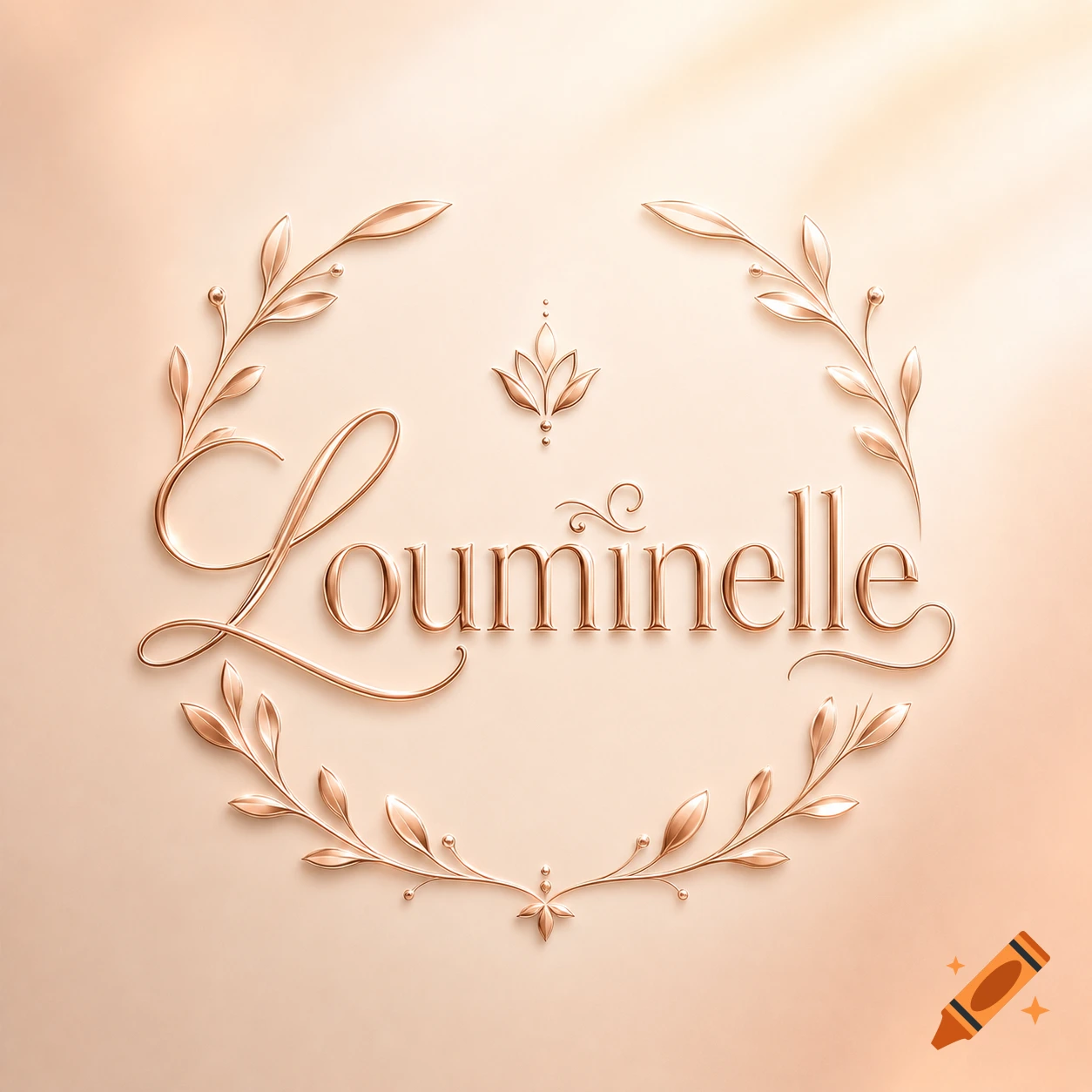 Luxurious rose gold 'Louminelle' logo in script and serif fonts, framed by a metallic leafy wreath on a soft peach background.