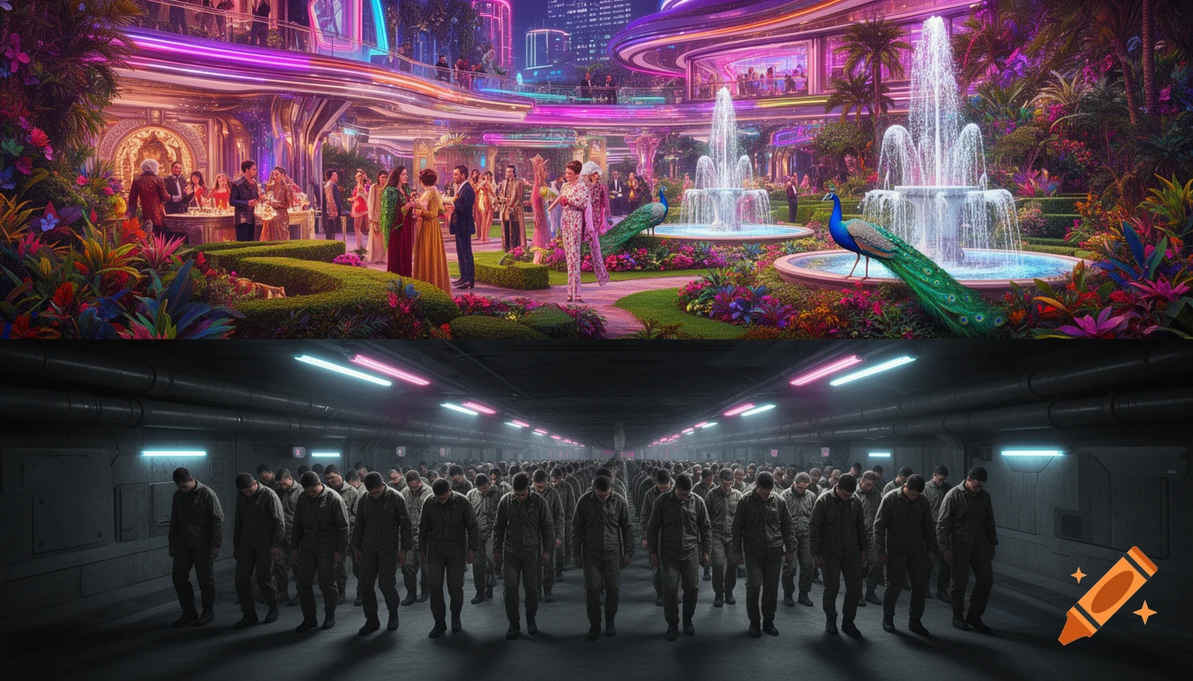 A split image depicting a vibrant, neon-lit futuristic city garden with revelers and peacocks above a dark, monotonous underground passage filled with workers.