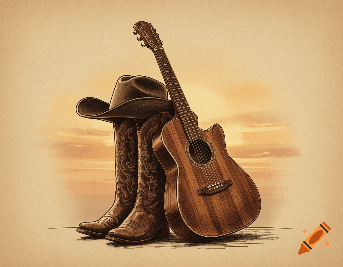 Vintage illustration of an acoustic guitar, cowboy hat, and boots on a warm, rustic background.