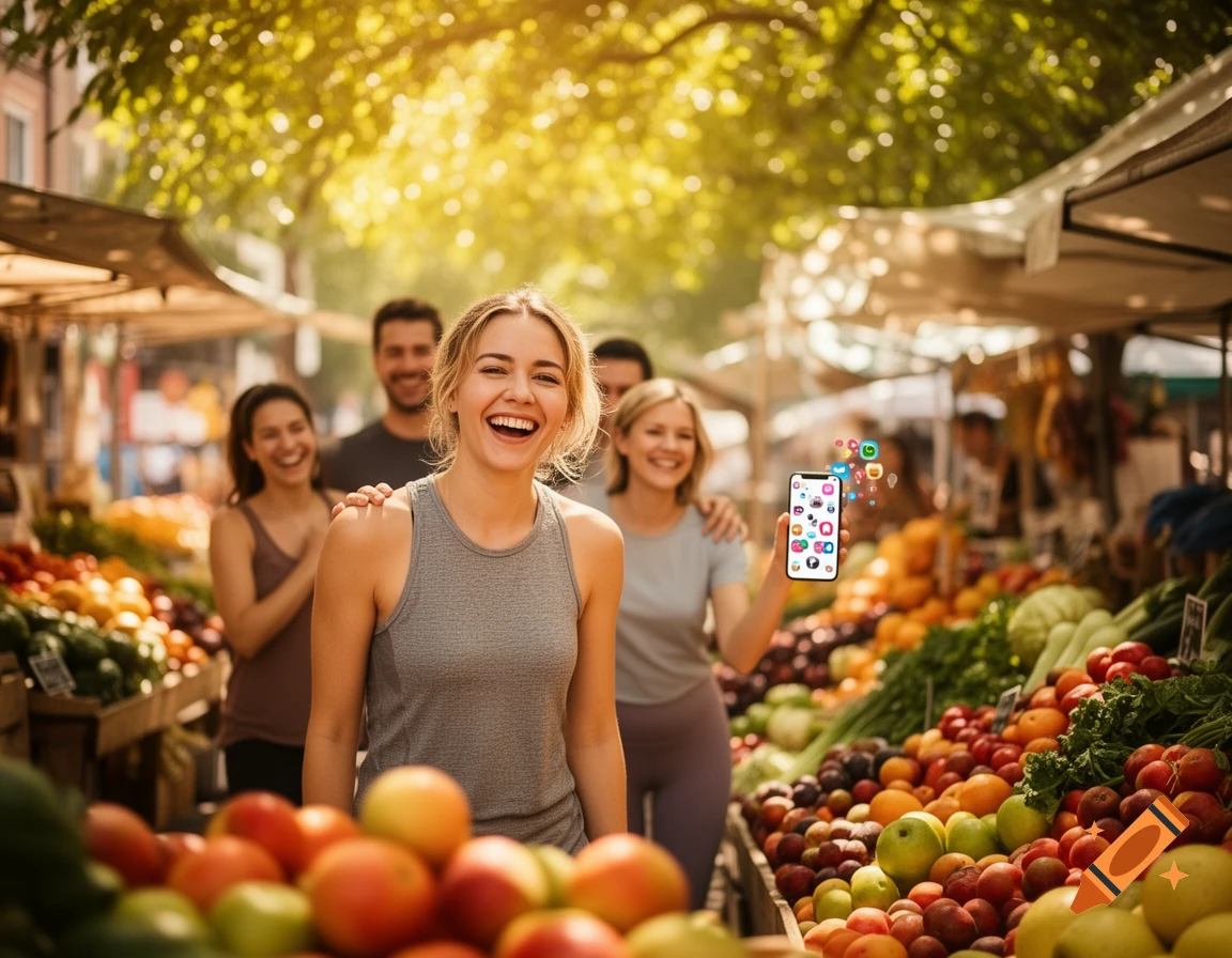 A group of friends smiling and laughing at a sunny farmers market, one holding a smartphone with social media icons.