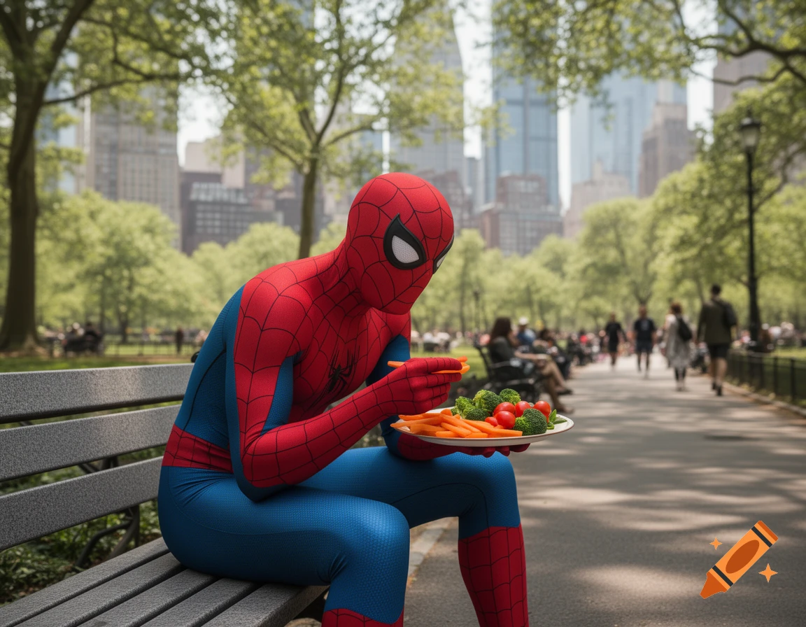 Spider-Man sits on a park bench, eating a plate of carrots, broccoli, and tomatoes with a city skyline in the background.