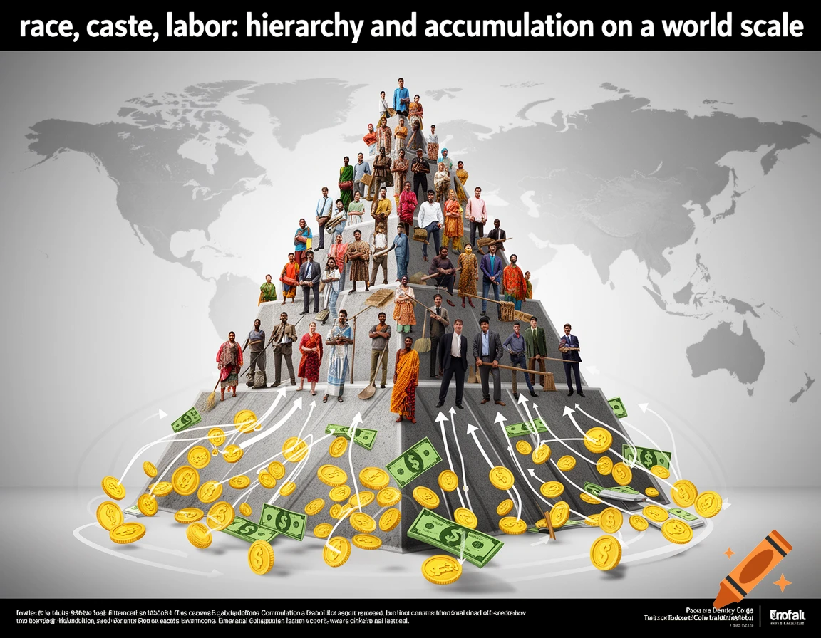 People standing on a pyramid of money and coins, with a world map background, illustrating social hierarchy.