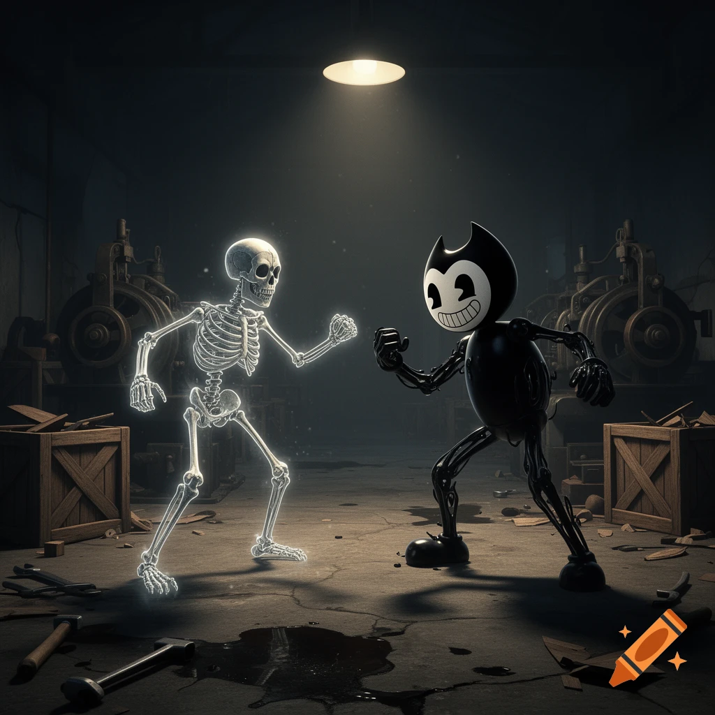 A glowing skeleton and Bendy the cartoon demon face each other in a dimly lit, dark industrial room.