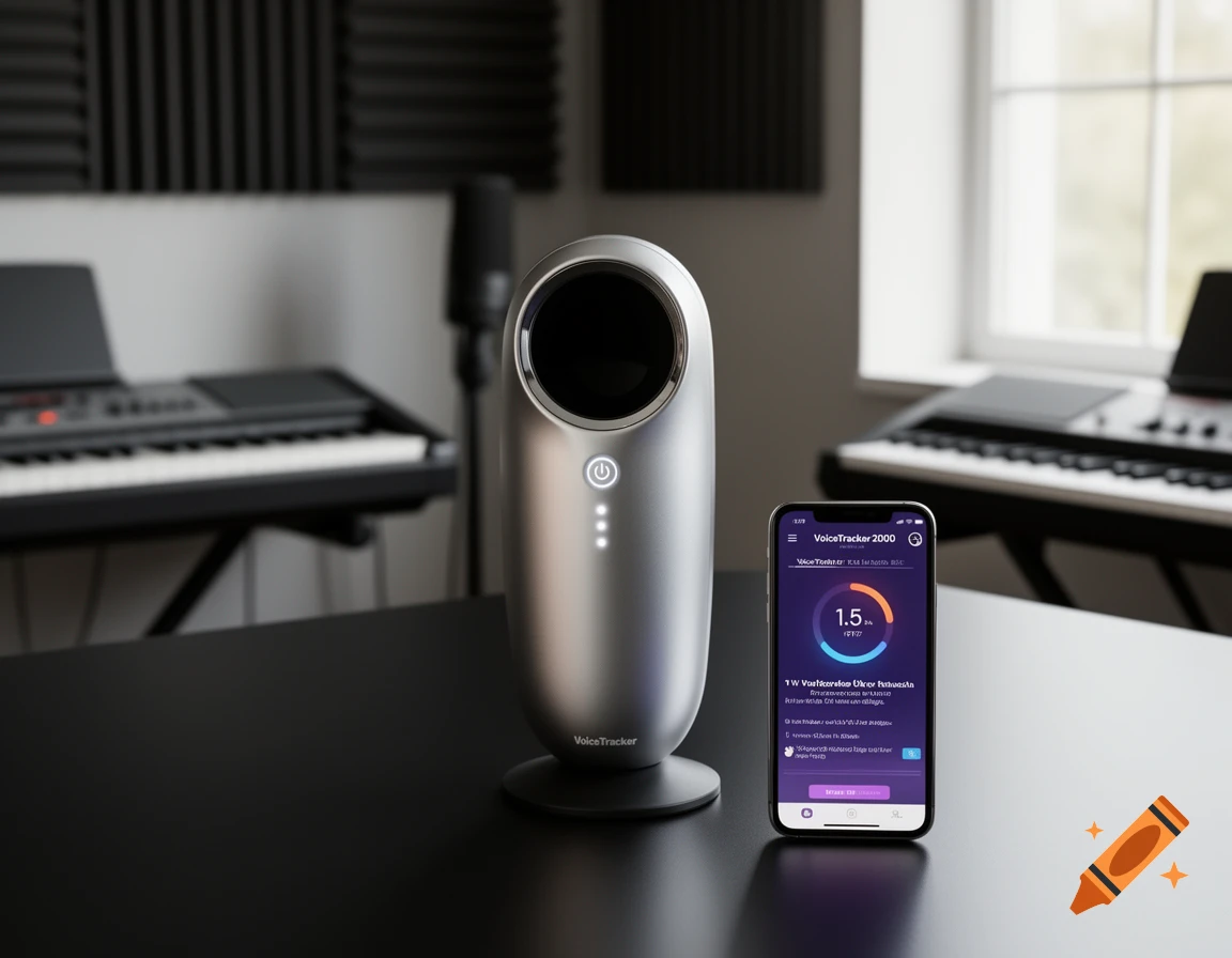 A silver VoiceTracker 2000 device with a hole on top and a smartphone displaying its app on a dark table in a music studio.