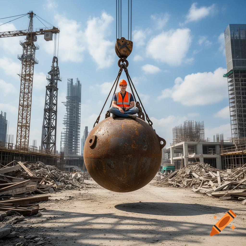 A man in a hard hat and safety vest sits cross-legged on a giant wrecking ball at a busy photorealistic construction site.