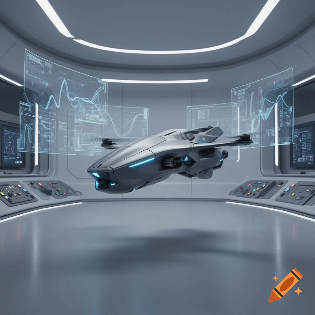 A sleek, grey futuristic drone or spaceship with blue glowing accents hovers in a high-tech control room with holographic screens displaying data.
