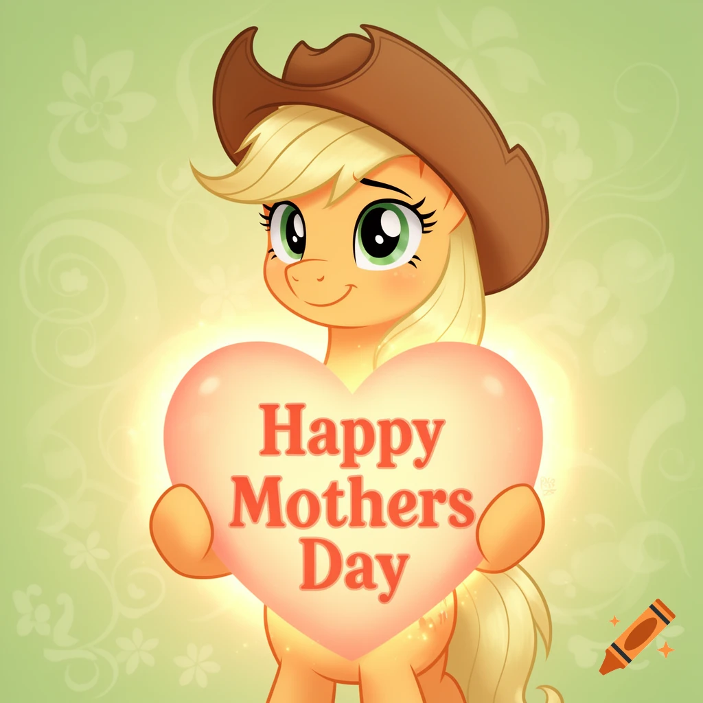 Applejack from My Little Pony in cartoon style holding a glowing pink heart that reads Happy Mothers Day.