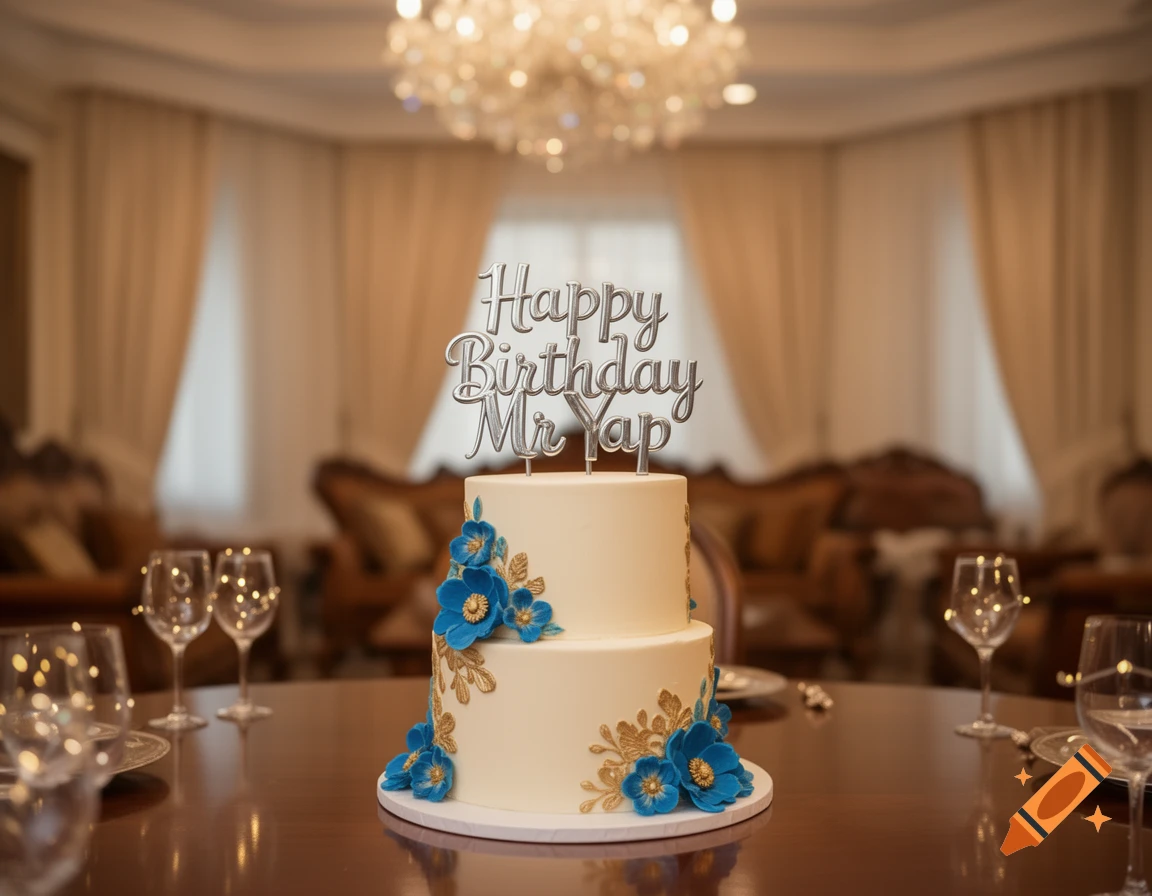 Two-tiered birthday cake with blue and gold flowers, silver 'Happy Birthday Mr Yap' topper, on a table in a luxurious room.