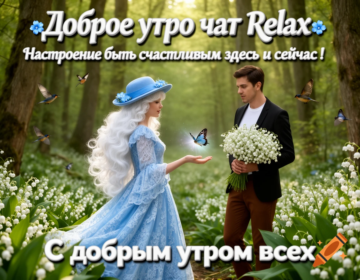 A man and a woman in an enchanted forest filled with lily of the valley flowers. The woman with long white hair and a blue dress holds out her hand to a glowing butterfly, while the man holds a large bouquet of lily of the valley. Birds fly around them. Text in Russian reads 'Good morning chat Relax', 'Mood to be happy here and now!', and 'Good morning everyone'.
