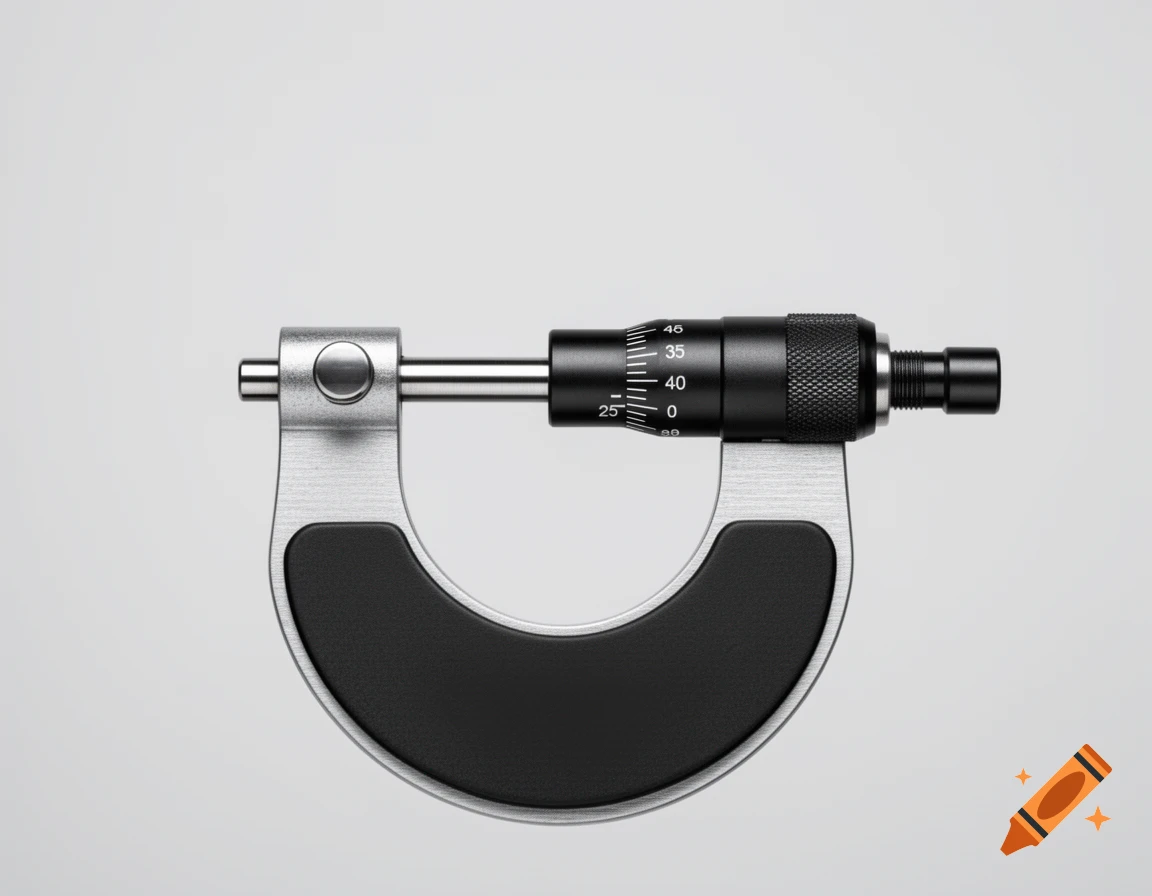 A photorealistic close-up of a silver and black micrometer with visible measurement markings on a light gray background.