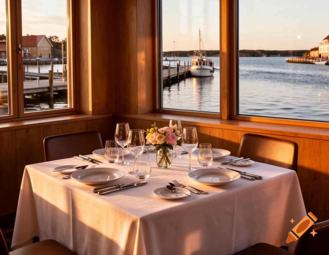 A beautifully set restaurant table with a white tablecloth and flower centerpiece, overlooking a tranquil harbor at sunset.