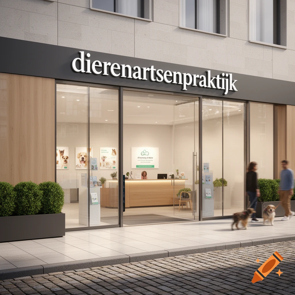 Photorealistic image of a modern veterinary clinic facade with glass doors. People walk two dogs on the sidewalk.