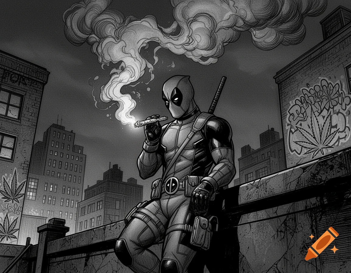 Deadpool smokes a blunt on a gritty, monochrome urban rooftop with cannabis leaf graffiti in a comic art style.