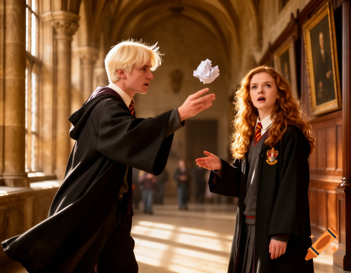 Photorealistic image of a blonde boy in wizard robes throwing a crumpled paper at a surprised red-haired girl in a grand hallway.