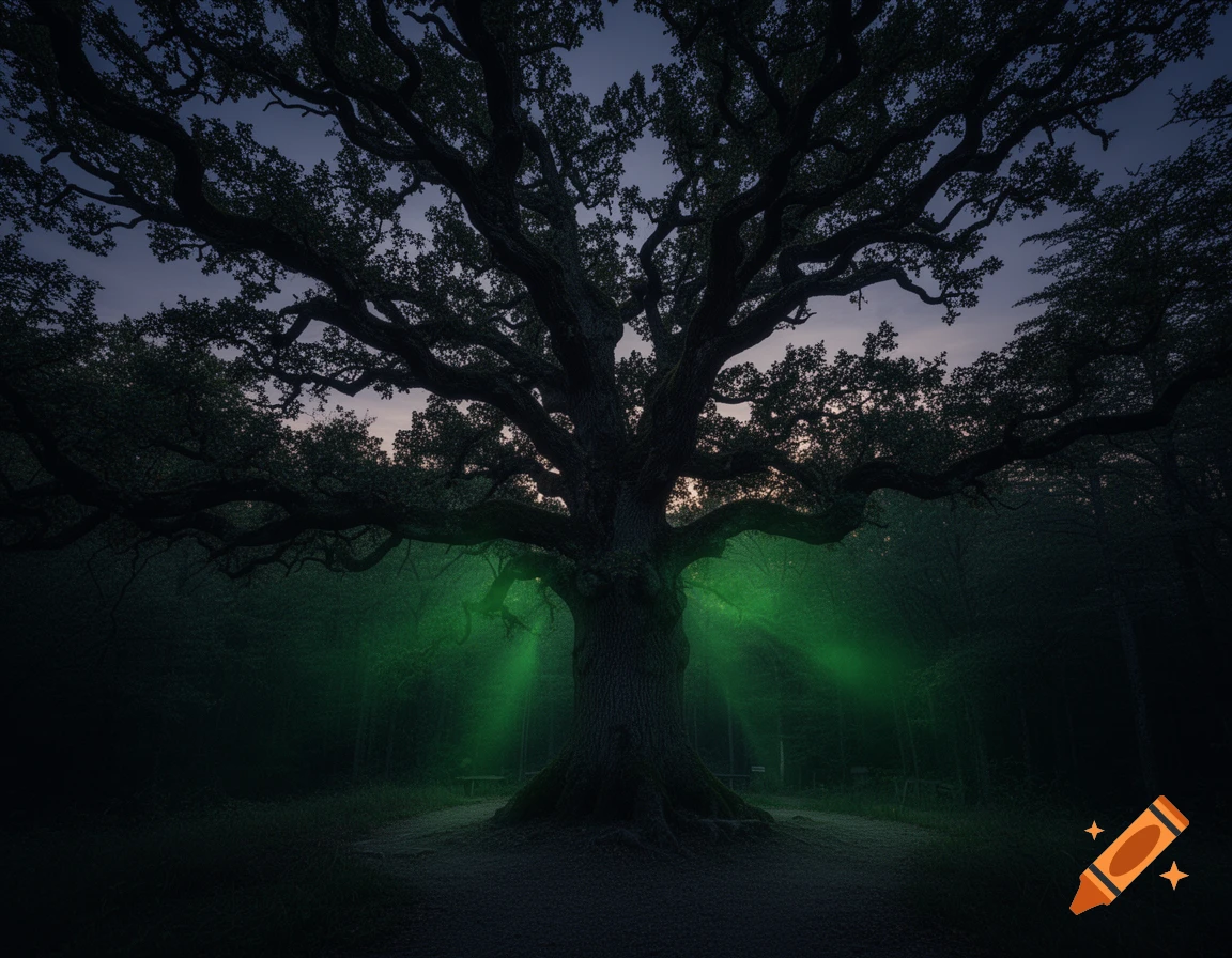Ancient oak tree in a dark forest at dusk, illuminated by mysterious green light beams.