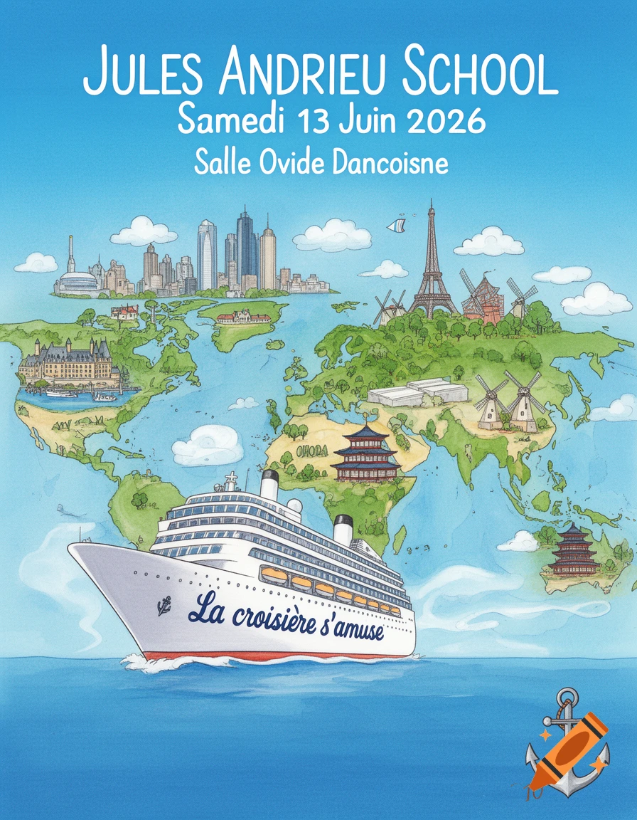An illustration of a world map with a cruise ship in the foreground. Various famous landmarks like the Eiffel Tower and a city skyline are depicted on the continents. Text reads: "JULES ANDRIEU SCHOOL Samedi 13 Juin 2026 Salle Ovide Dancoisne" and "La croisière s'amuse" on the ship.