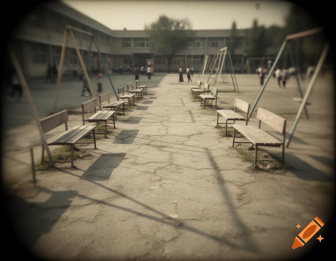 Vintage-style photo of a blurry schoolyard with empty benches and swings, featuring a dark vignette and grainy texture.
