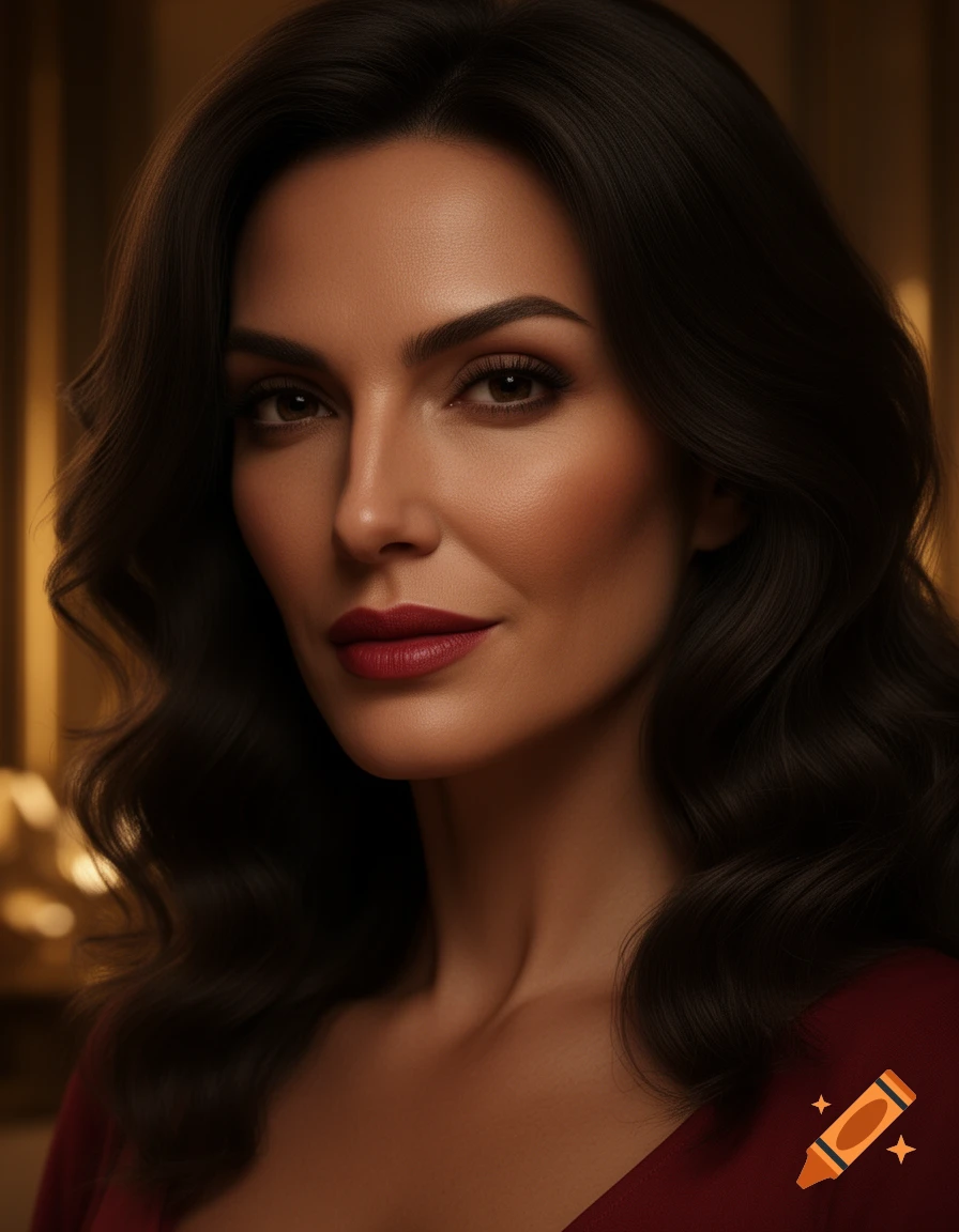 Photorealistic portrait of a dark-haired woman in a red dress, looking directly at the viewer.