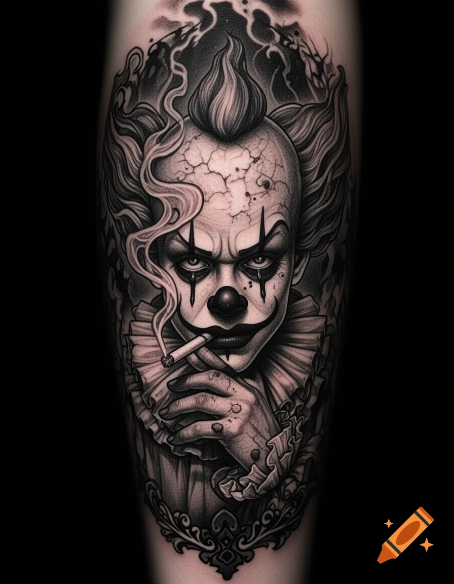 A black and white tattoo art style portrait of a crying, creepy clown with cracked skin, smoking a cigarette.