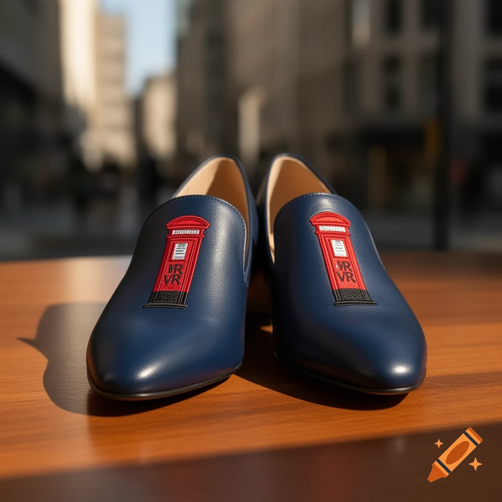 A pair of navy blue women's loafers with a red British post box design on the front, set on a wooden surface with a blurred city background.