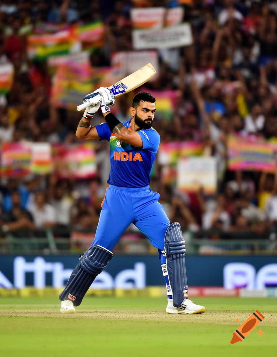 Cricketer Virat Kohli bats on a green field in a stadium, wearing a blue India jersey and pads.