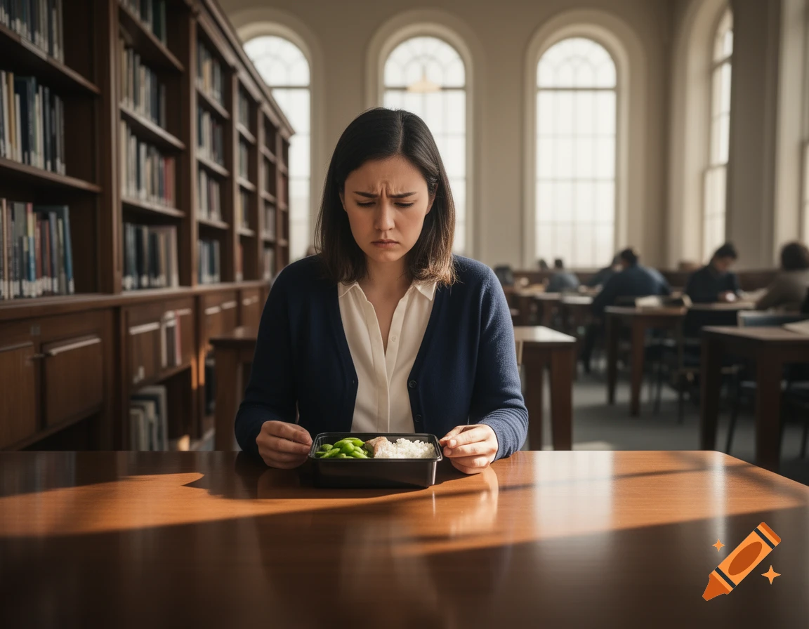 A disappointed woman sits at a wooden table in a library, looking down at a bento box with edamame and rice.