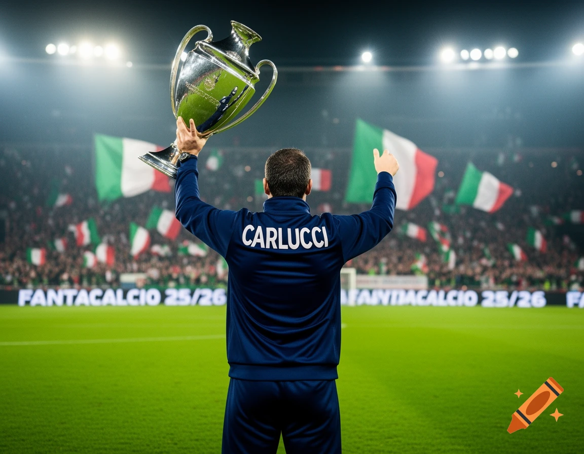 Football coach Carlucci celebrates holding a trophy in a stadium with Italian flags and 'FANTACALCIO 25/26' signs.