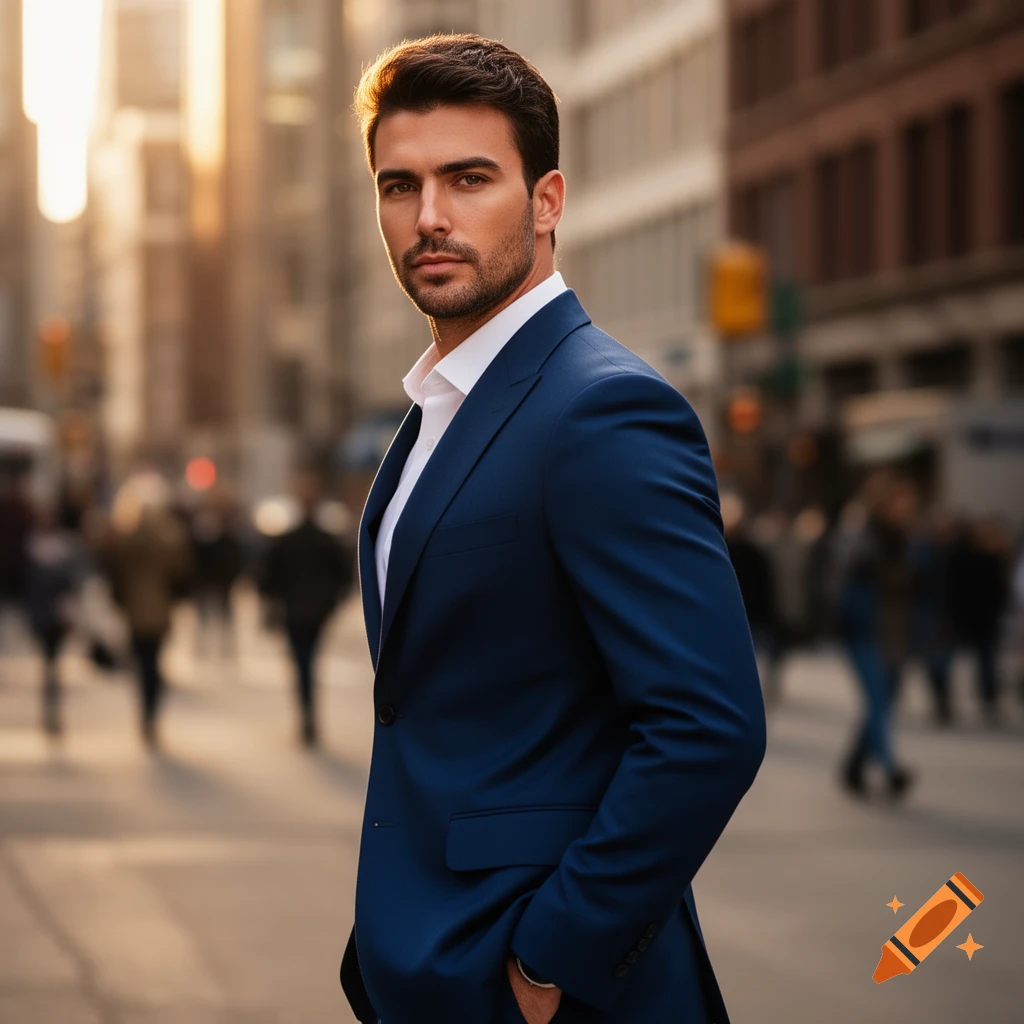 A handsome man in a blue suit stands on a busy city street at sunset ...