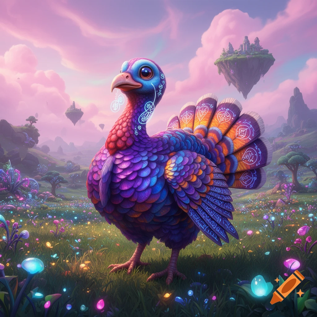 A vibrant, colorful turkey with glowing blue symbols stands in a fantastical landscape with pink clouds and floating islands.