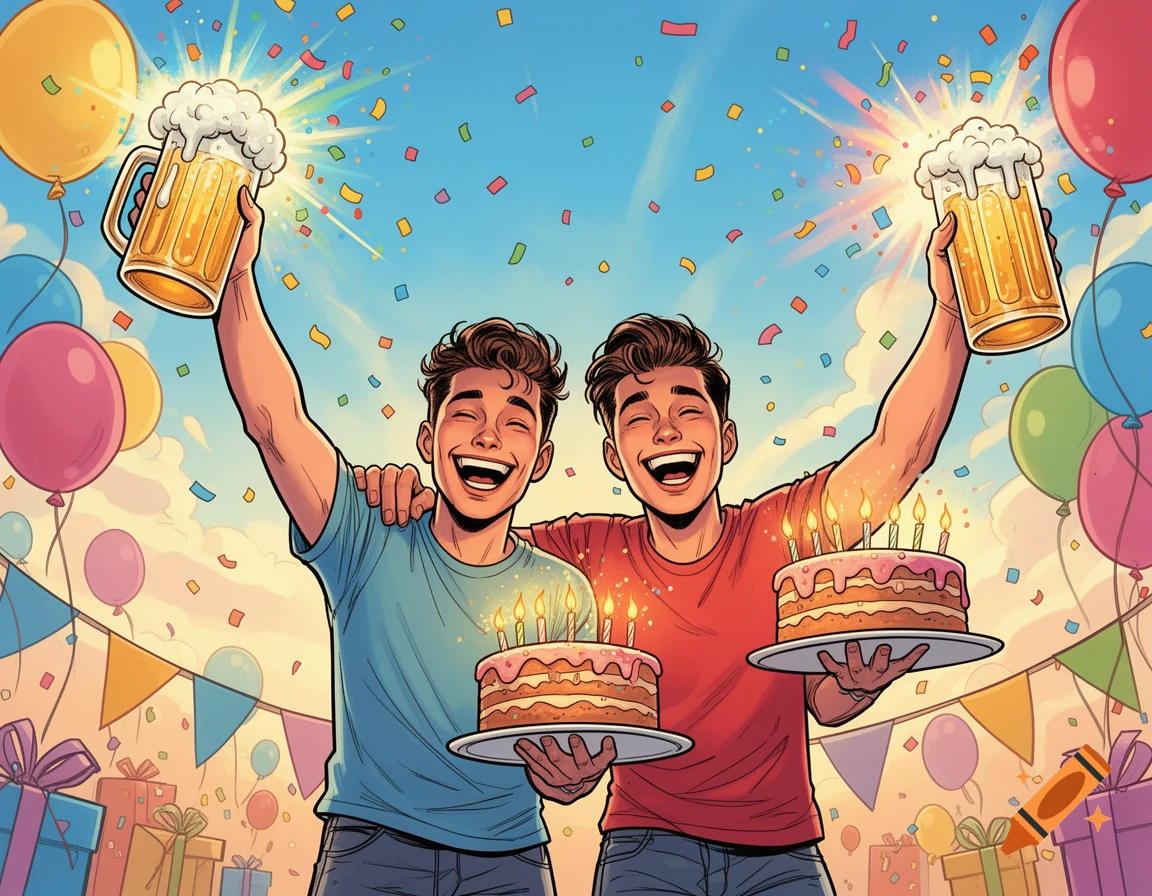 Two happy men in a comic style celebrate their birthday with raised beer mugs, cakes, balloons, and confetti.
