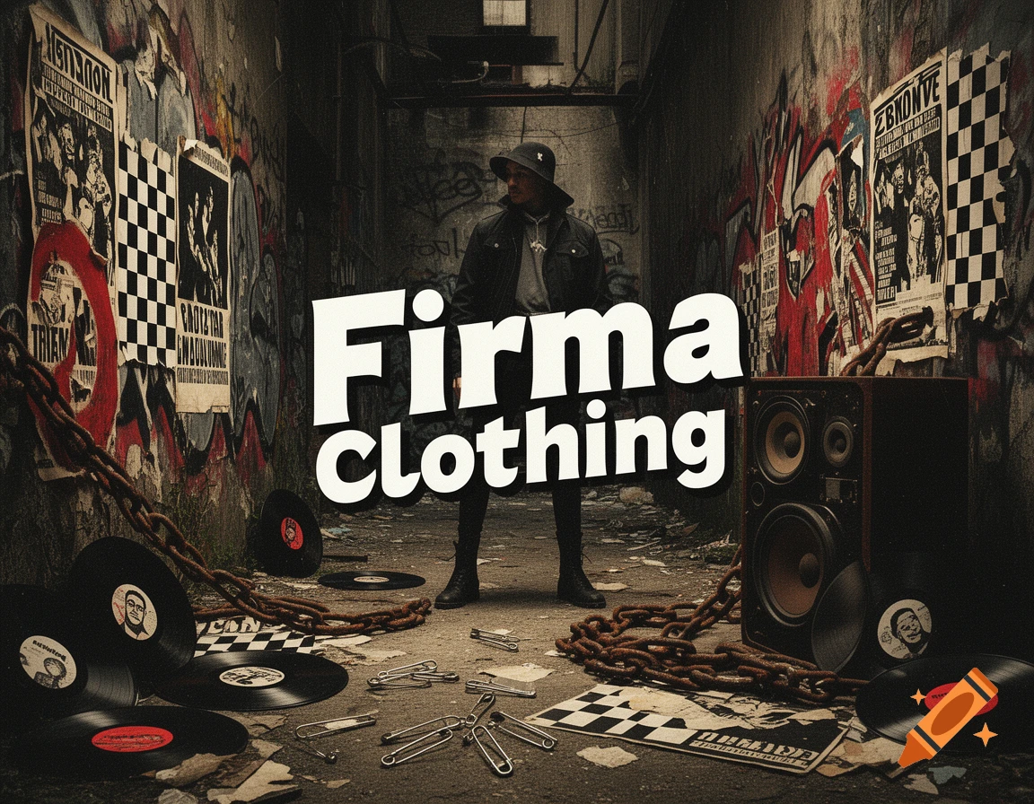 A person in streetwear in a gritty urban alley with "Firma Clothing" text, surrounded by graffiti, punk posters, vinyl records, chains, and speakers.