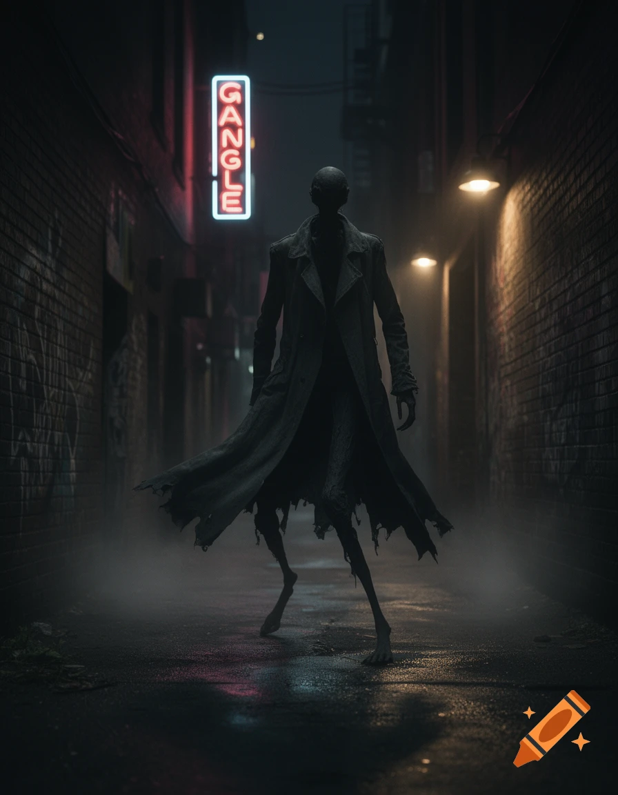 A gaunt, shadowy figure in a trench coat stands in a dark, foggy alley under a red neon sign that reads 'GANGLE', in a horror style.