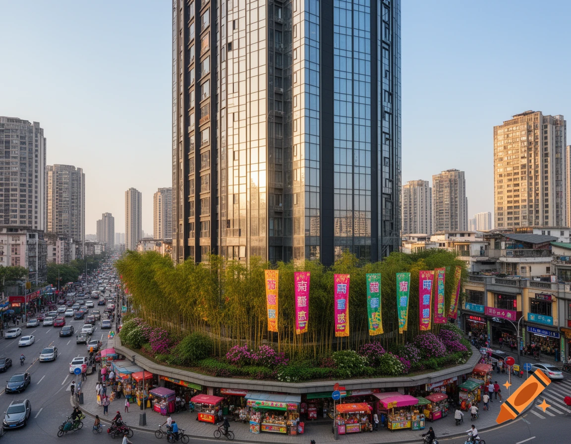 A bustling Chinese city street with a modern skyscraper, a tree-lined traffic circle with colorful banners, and numerous market stalls.