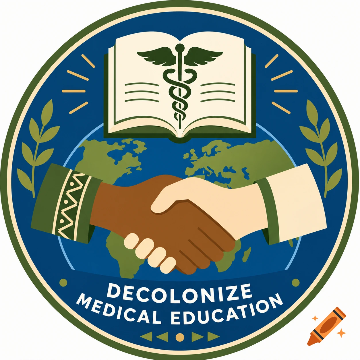 A circular emblem featuring two hands shaking across a globe, an open book with a caduceus, and text 'DECOLONIZE MEDICAL EDUCATION'.