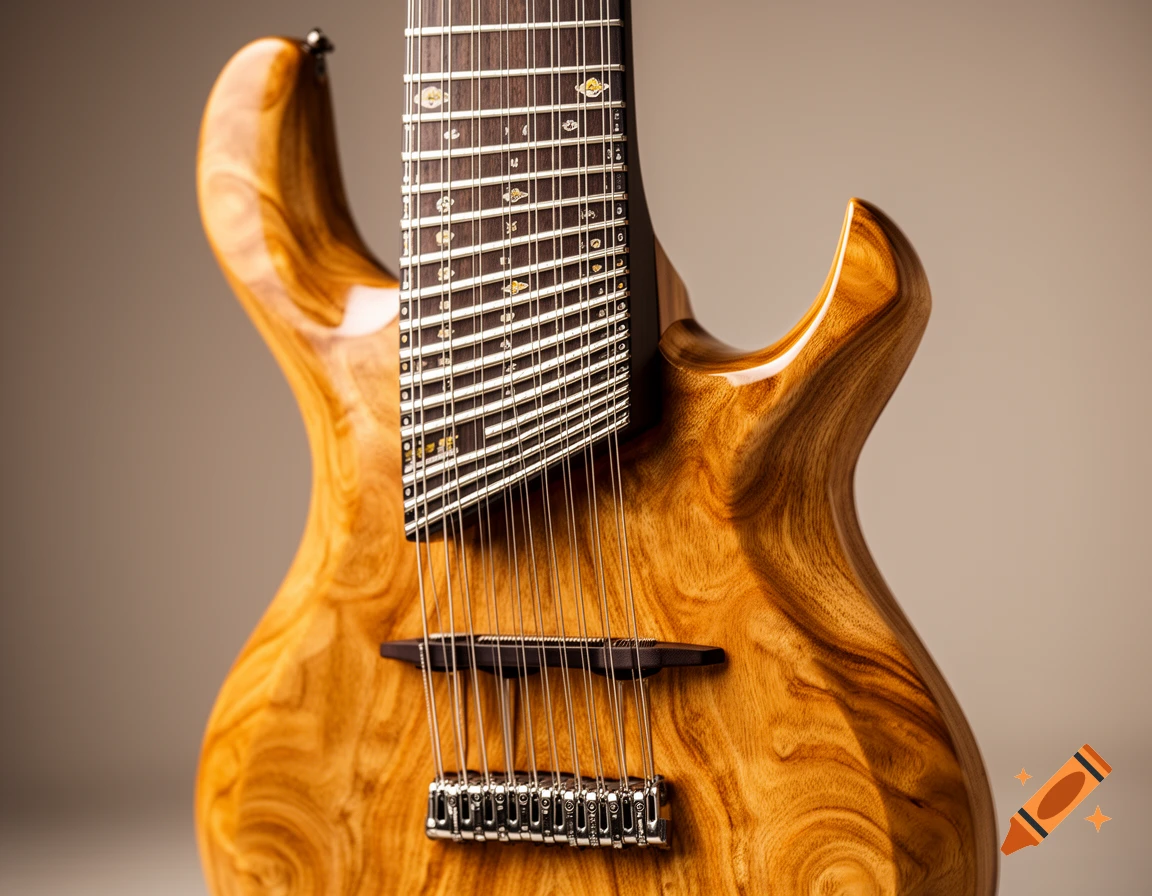 Close-up of a custom multi-scale wooden guitar with multiple strings and fanned frets, photorealistic.